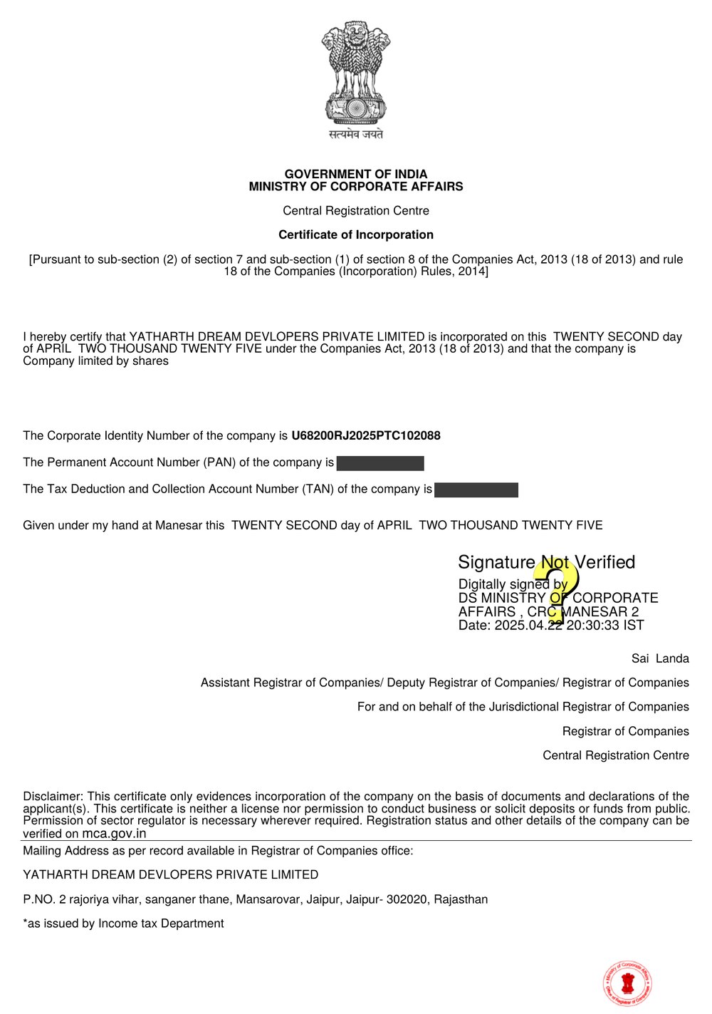 Certificate of Incorporation of Yatharth Dream Devlopers Private Limited, issued 22 April 2025
